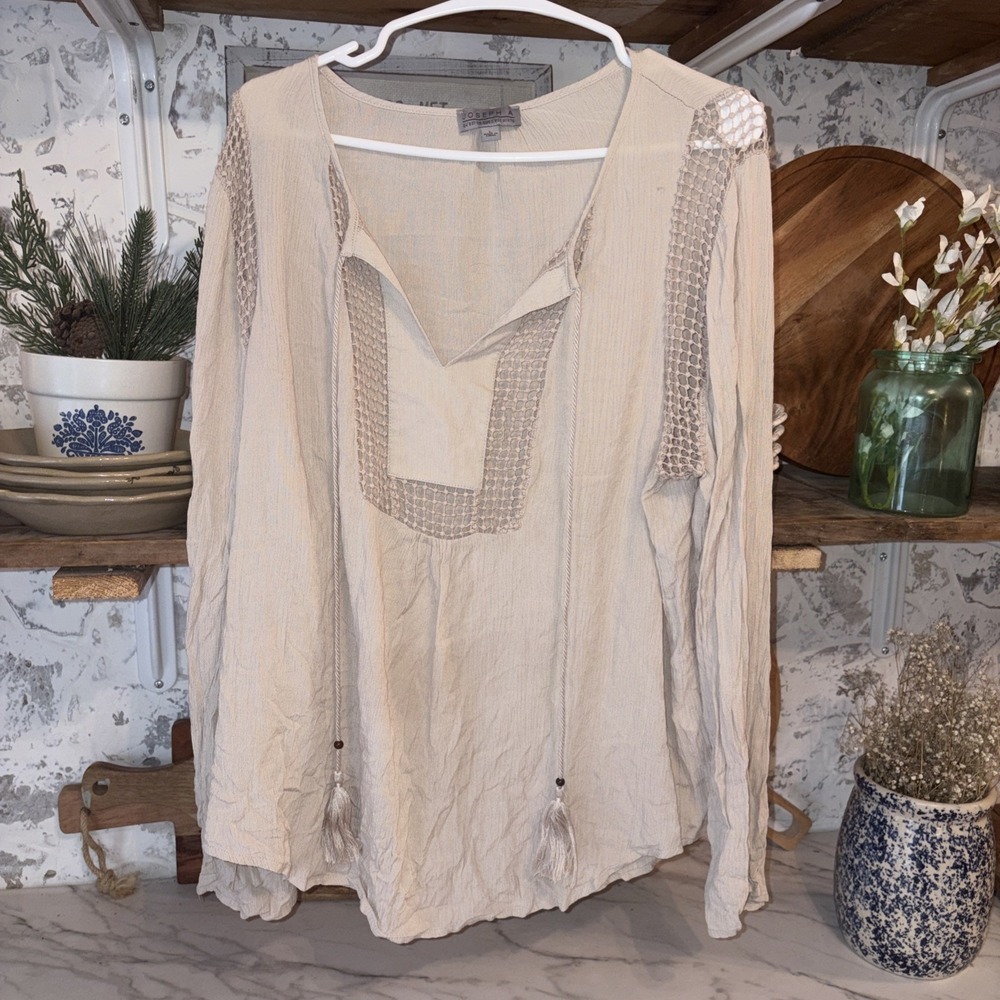 Joseph A Women's Flowy Large Bohemian Tassle Festival Beige Tunic Shirt